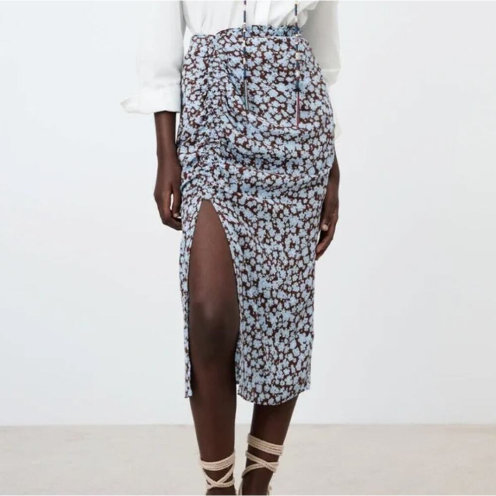 NWT Zara Draped Floral Print Skirt Brown Blue